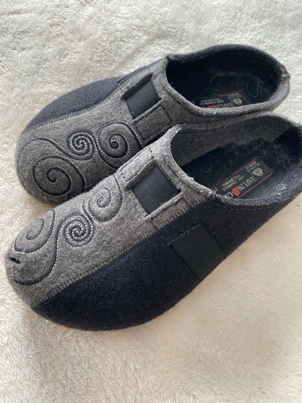 Haflinger Gray and Black Felt Clogs with Swirl Embroidery